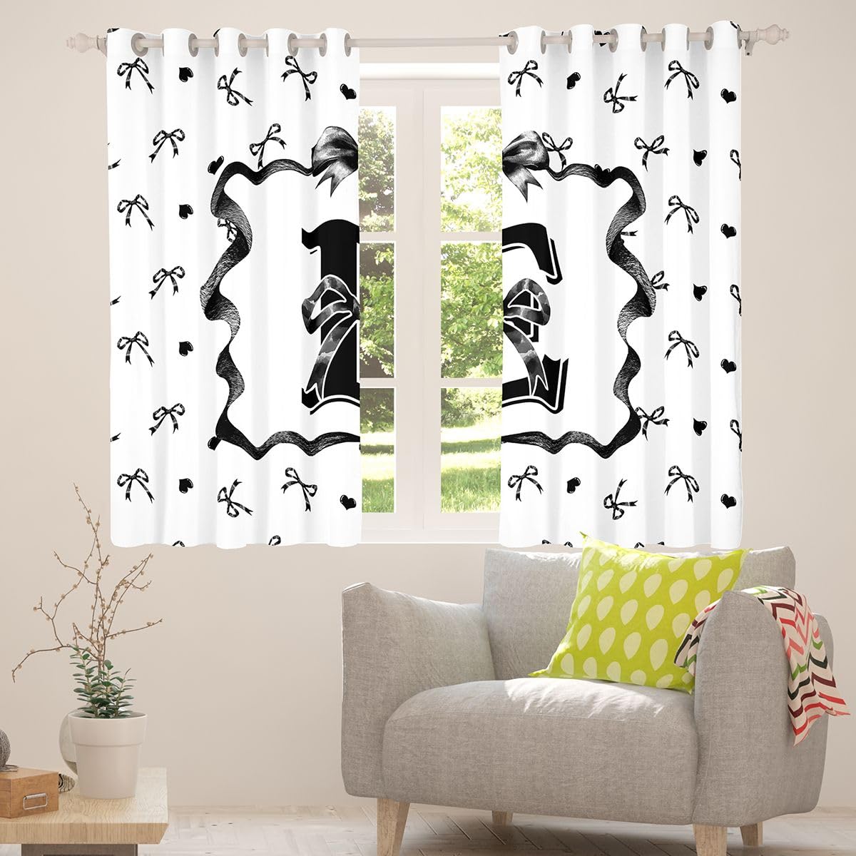 Homewish Czarno-białe zasłony okienne z kokardą, 117 x 137 cm, 2 zestawy paneli – inicjał E muszka zasłony zaciemniające, czarna wstążka, kokardki, zasłony okienne, urocza kokardka do