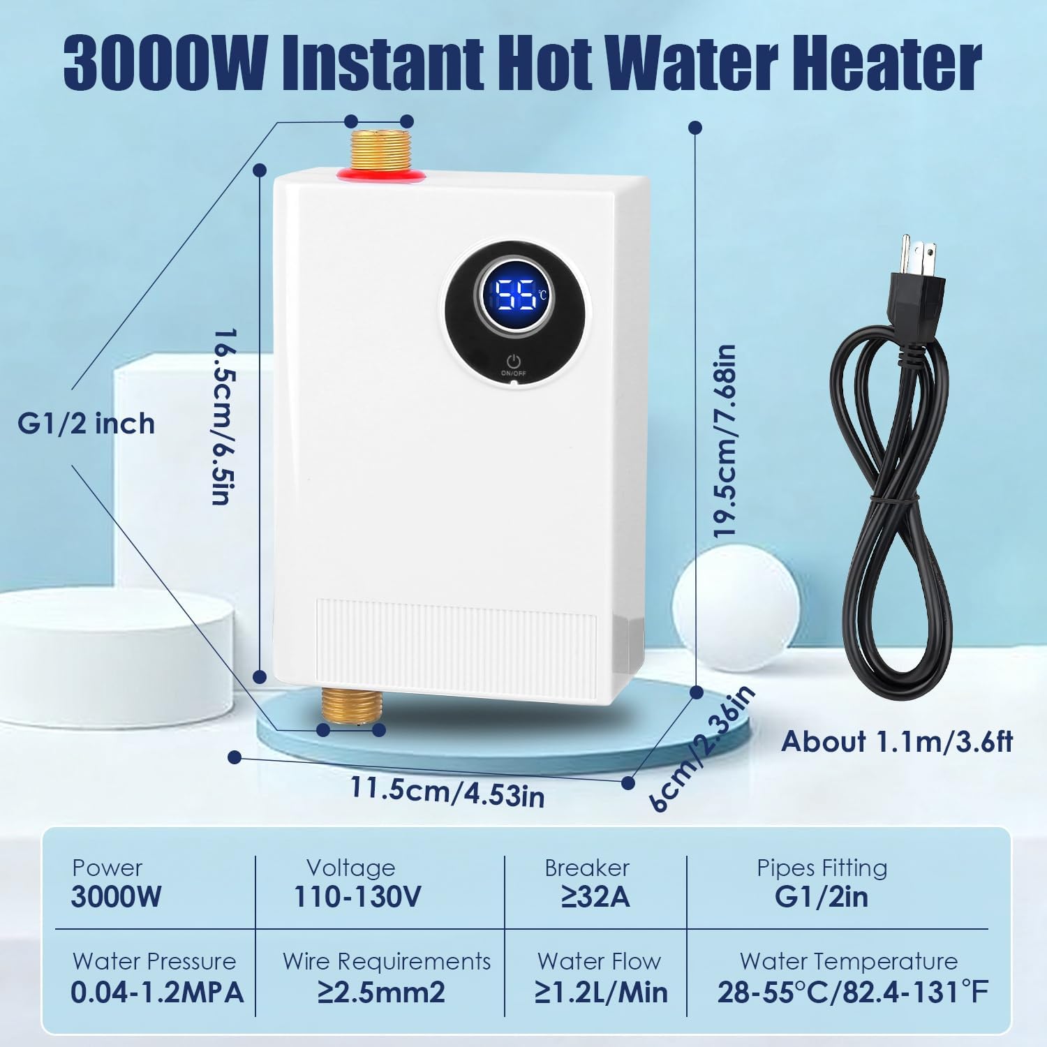 3000W Electric Mini Tankless Water Heater Portable Instant Hot Heaters on Demand with Smart Digital Display Time for Indoor Bathroom Kitchen RVs