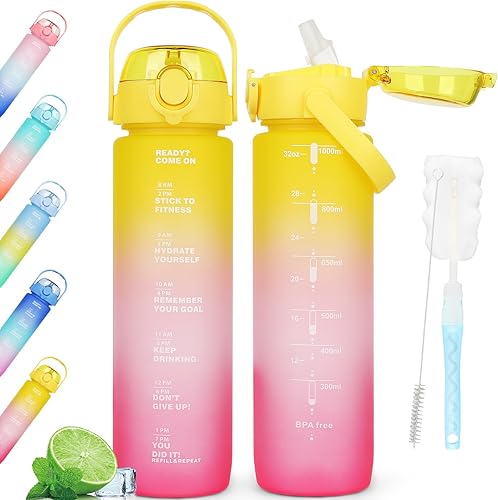 Miniatura 10 de Botellas de agua de 32 onzas sin BPA, botella de agua deportiva con popote, apta para lavavajillas, botella de agua motivacional a prueba de fugas