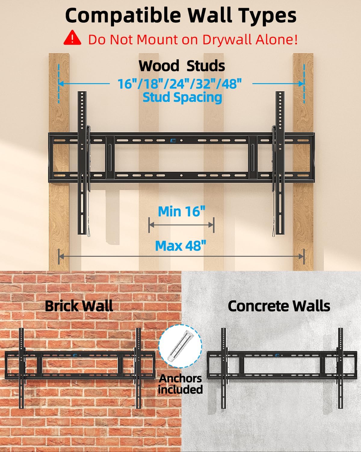 Tilting TV Wall Mount 65-150 Inch Heavy Duty for Large TVs, Max VESA 1200×600mm & 264lbs Load, Low Profile Slim Tilt Wall Mount TV Bracket for Flat Curved TV, Fits 16/18/24/48 Wood Studs - HOME VISION