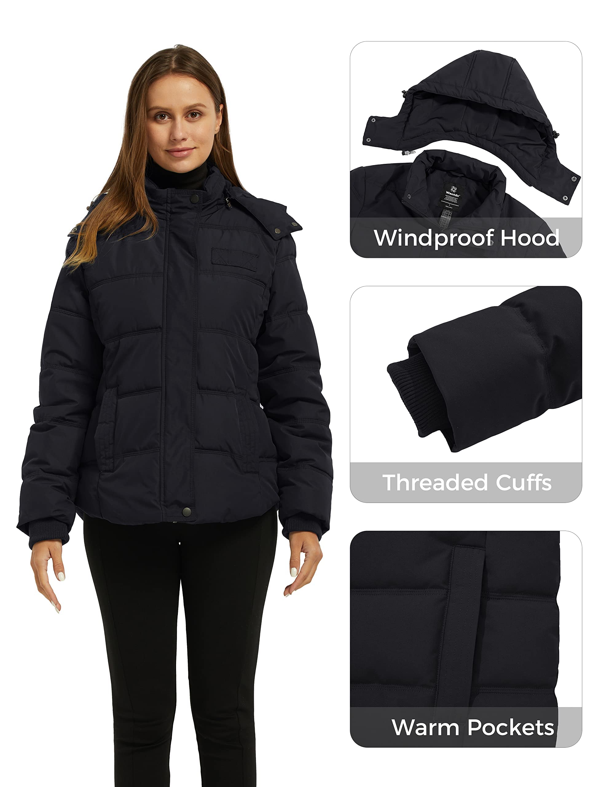Wantdo Giacca Invernale da Donna Cappotto Corto e Caldo Giacca Trapuntata Spessa Giacca Antivento con Cappuccio Staccabile Cappotto Imbottito