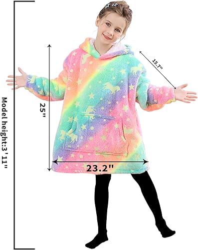 Miniatura 6 de Manta con capucha que brilla en la oscuridad para niños, súper cálida y acogedora manta de franela Sherpa con capucha con bolsillo gigante, regalo