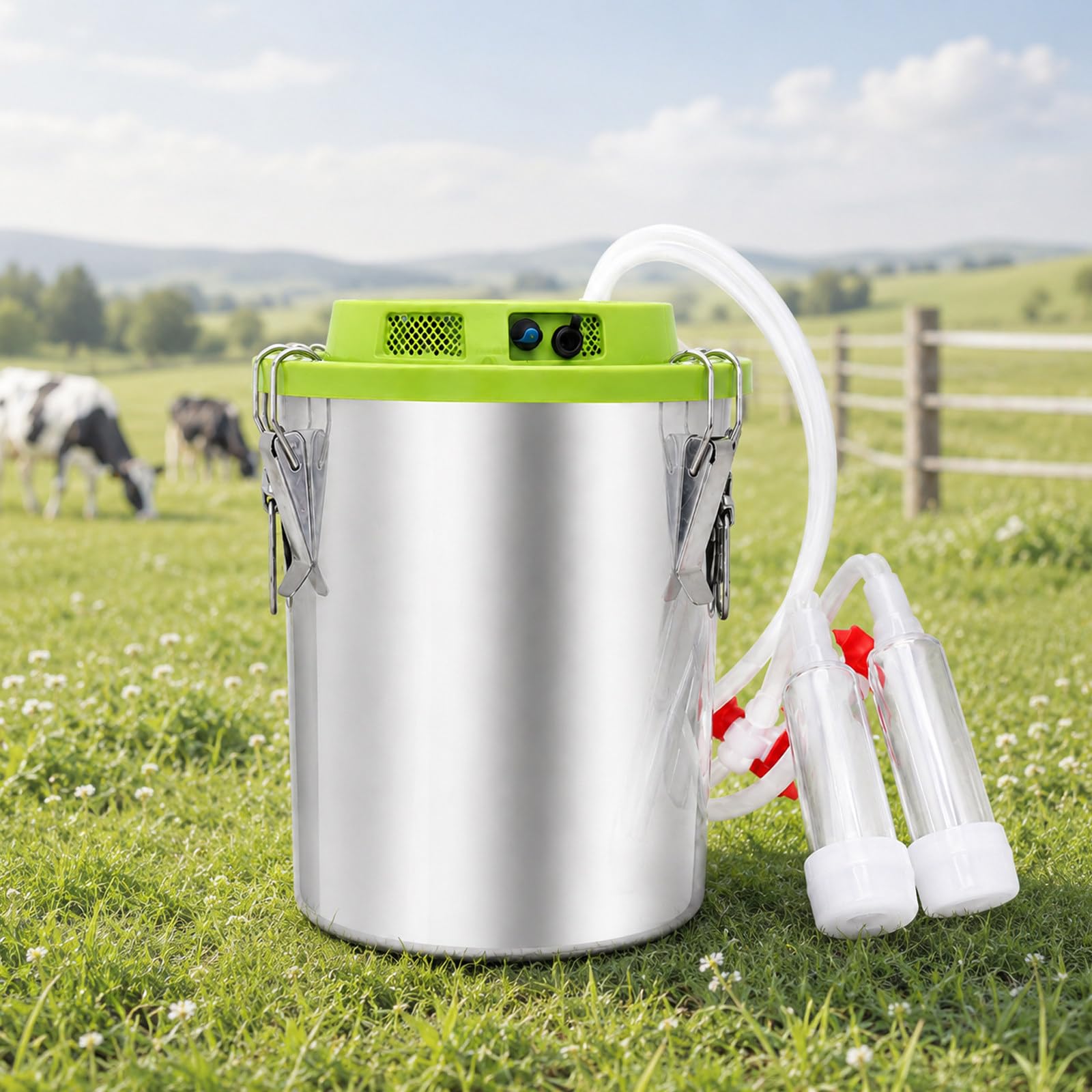richigblosmum Portable Cow Milking Machine for Cows & Goats, Integrated Goat Milker Machine with 8L/12L/16L Stainless Steel Bucket, 48W Pulsation, Auto Stop, Easy Carry for Farm Use Sheep-12L