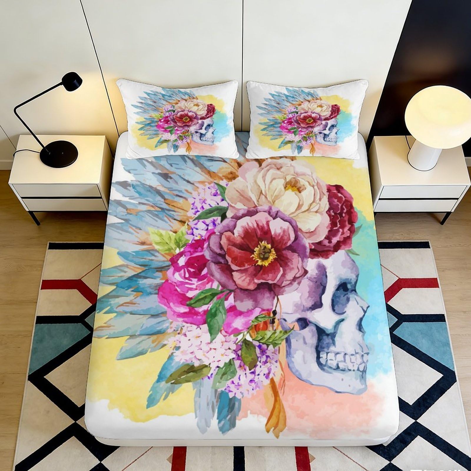 3D Printed Floral Skull Fitted Sheet Microfiber Non-Slip Deep Pocket Floral Skull Mattress Fitted Cover Washable for Bedroom 90x200x25cm
