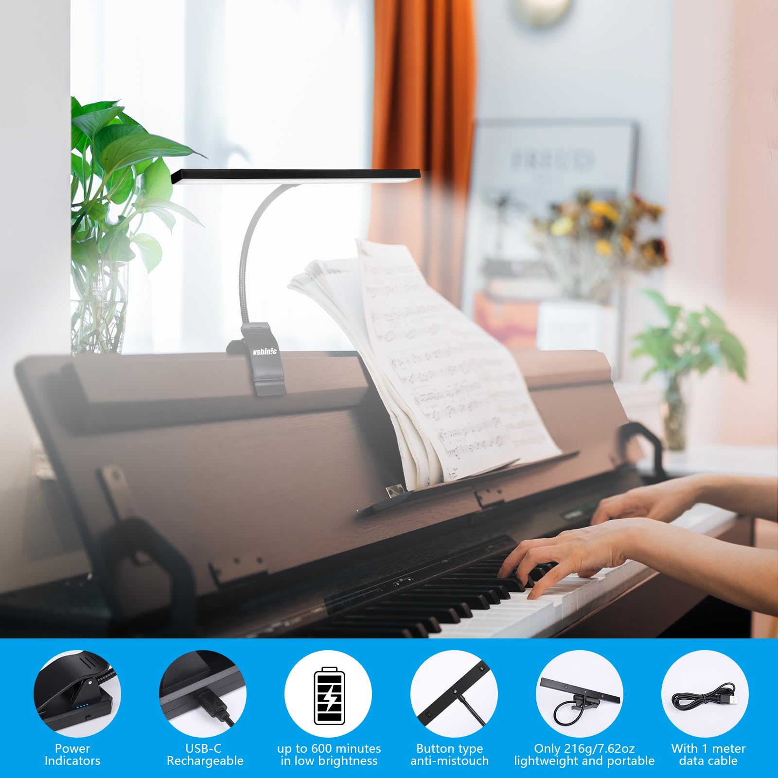 Glocusent 57 LED Super Bright Music Stand Light, Eye Caring Clip-on Piano Light, 3 Color & 5 Brightness, USB-C Rechargeable, Long Lasting Up To 140 Hrs, Perfect For The Piano