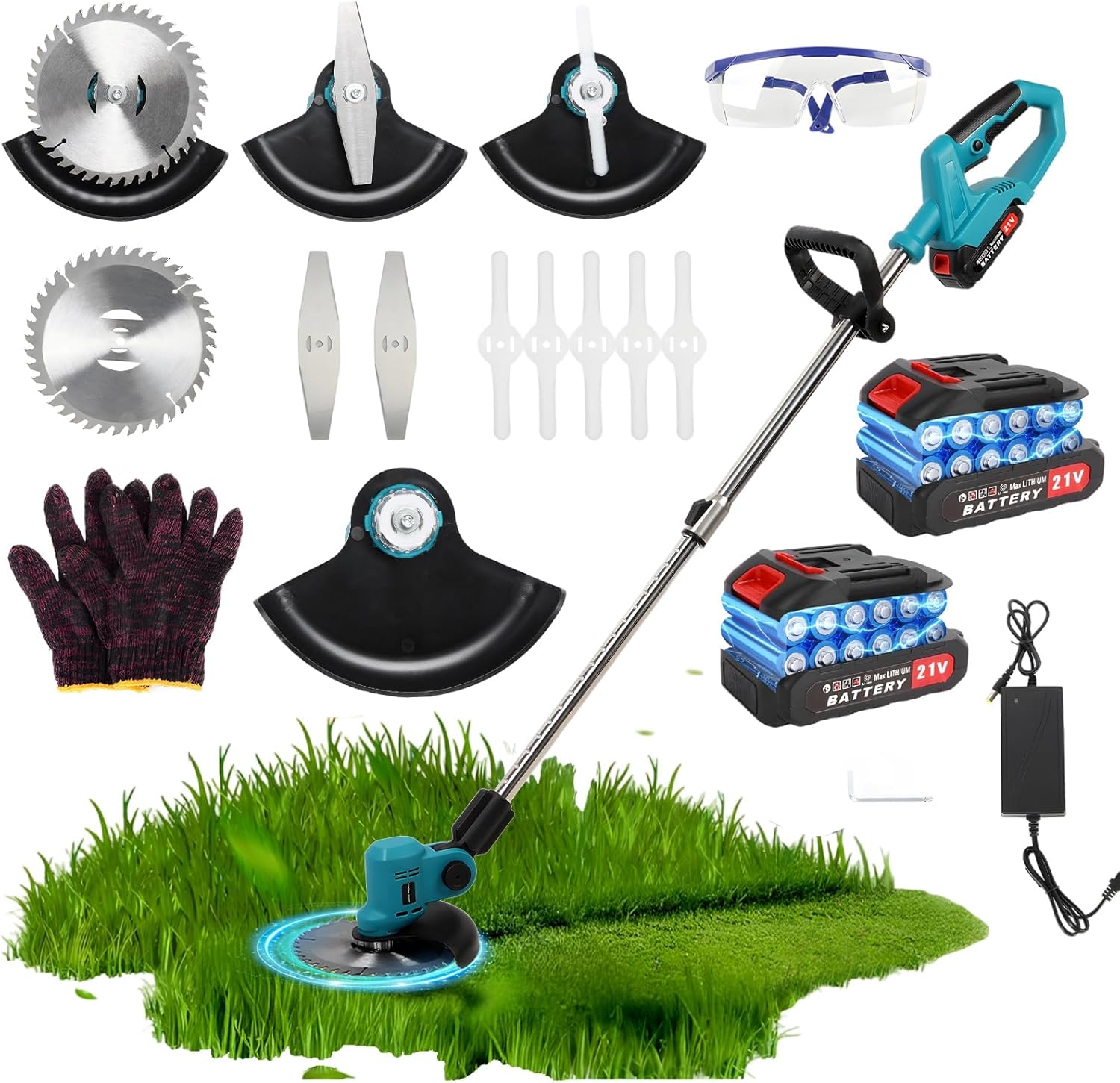 10 Inch Cordless Weed Eater, Electric Trimmer & Rechargeable Lawn Mower with Brushless Motor, Telescopic Adjustable Shaft, 180° Pivot Head, Dual Batteries & Two Blades (Black)