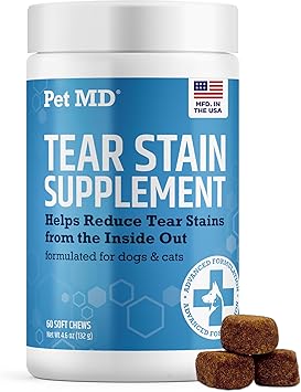 Pet MD Tear Stain Remover for Dogs & Cats - Antioxidant Eye Care Supplement with Lutein, Cranberry, Omega 3 & 6 - Cat & Dog Tear Stain Remover Chews for White & Light Fur - 60 ct