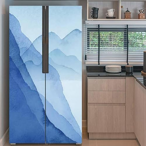 Miniatura 2 de Juego de envolturas de vinilo autoadhesivas para refrigerador, arreglos abstractos, paisajes, montañas, paisajes, vistas, mural de puerta azul,