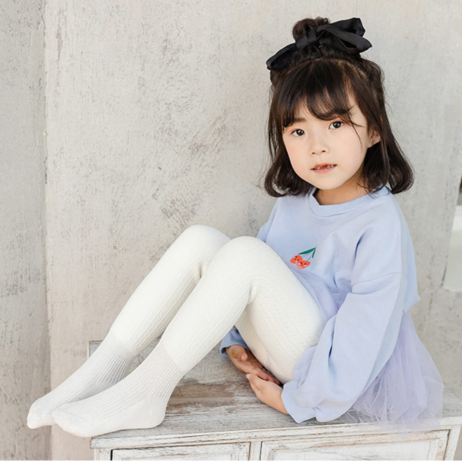 Toddler Baby Girls Fleece Lined Tights, Kids Warm Cable Knitted Cotton Leggings, Solid Color (White, 6-7 Years)