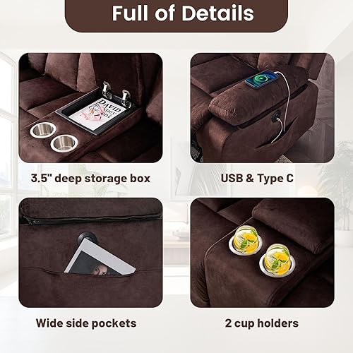 Miniatura 6 de Juego de sofá reclinable de terciopelo, 3+2 plazas con consola, portavasos, USB y tipo C, masaje y calor, muebles modernos de sala de estar, marrón