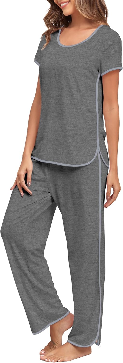 FKEEP Stripe Pajamas Set Women Two-Piece Nightwear Short Sleeve Sleepwear Soft Side Split Loungewear Pjs Sets