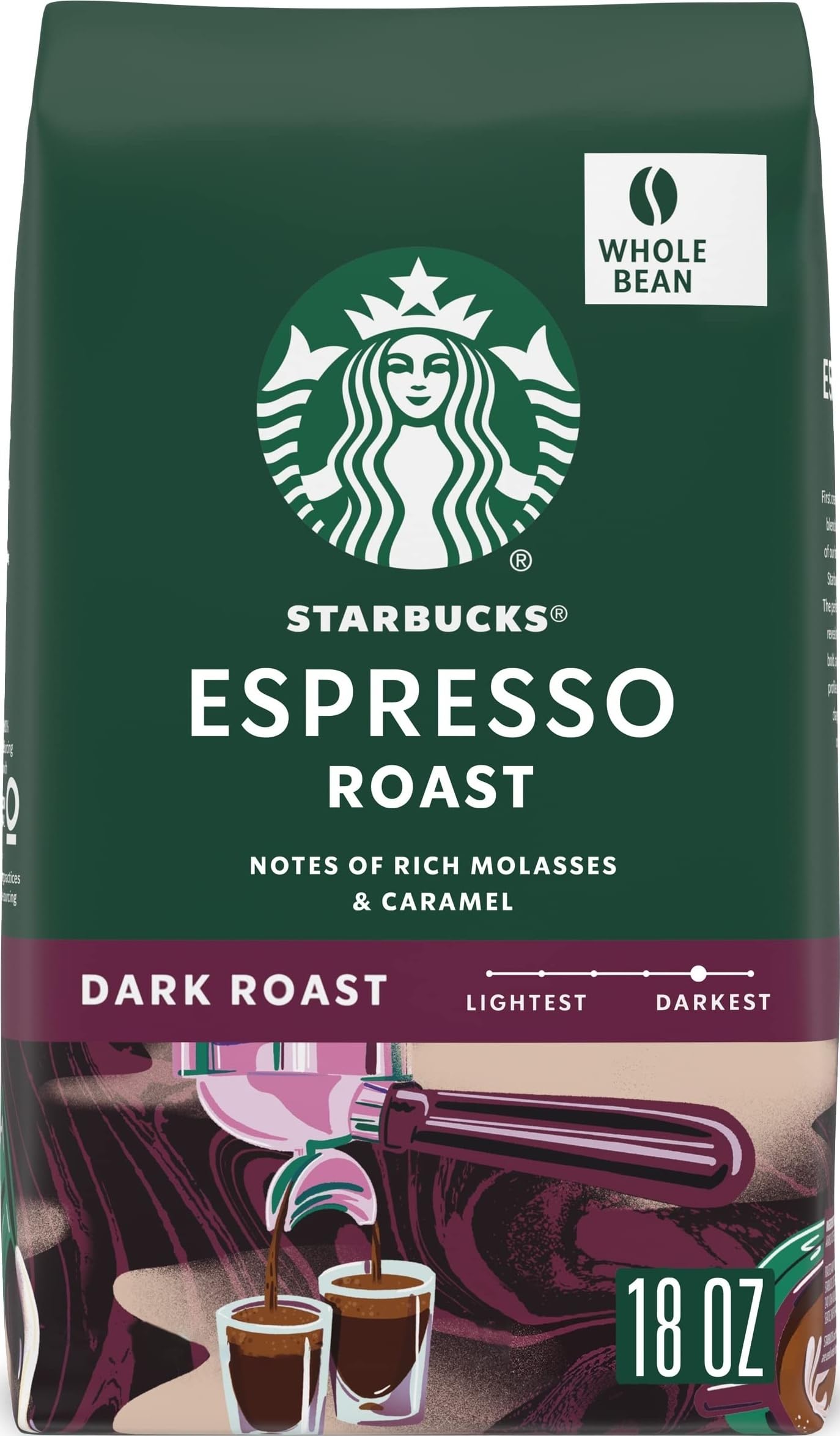 Starbucks Whole Bean Coffee, Dark Roast Coffee, Espresso Roast, 100% Arabica, 1 bag (18 oz) | 100% Arabica whole bean coffee; Espresso Roast dark roast; single 18 oz bag