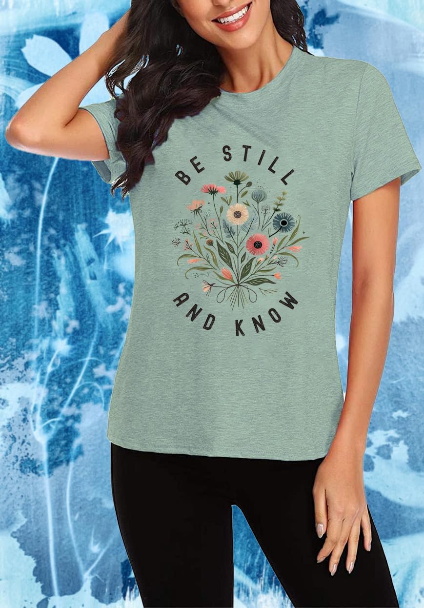Be Still and Know Shirts for Women Casual Short Sleeve Christian Tee Tops - Image 3