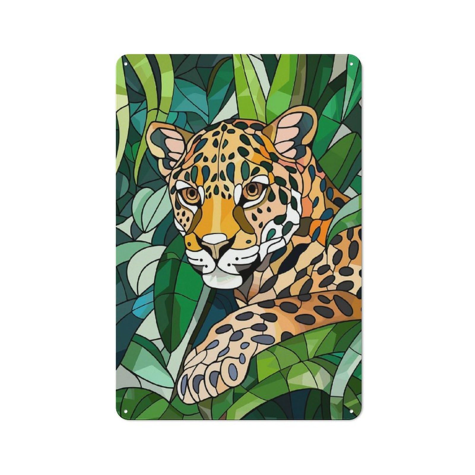 Junmoney Style-23 Tin Wall Plaque 30X20cm With Jaguar In Lush Greenery For Hobby Room Or Studio, For Themed Interiors In Hobby Rooms And Studios