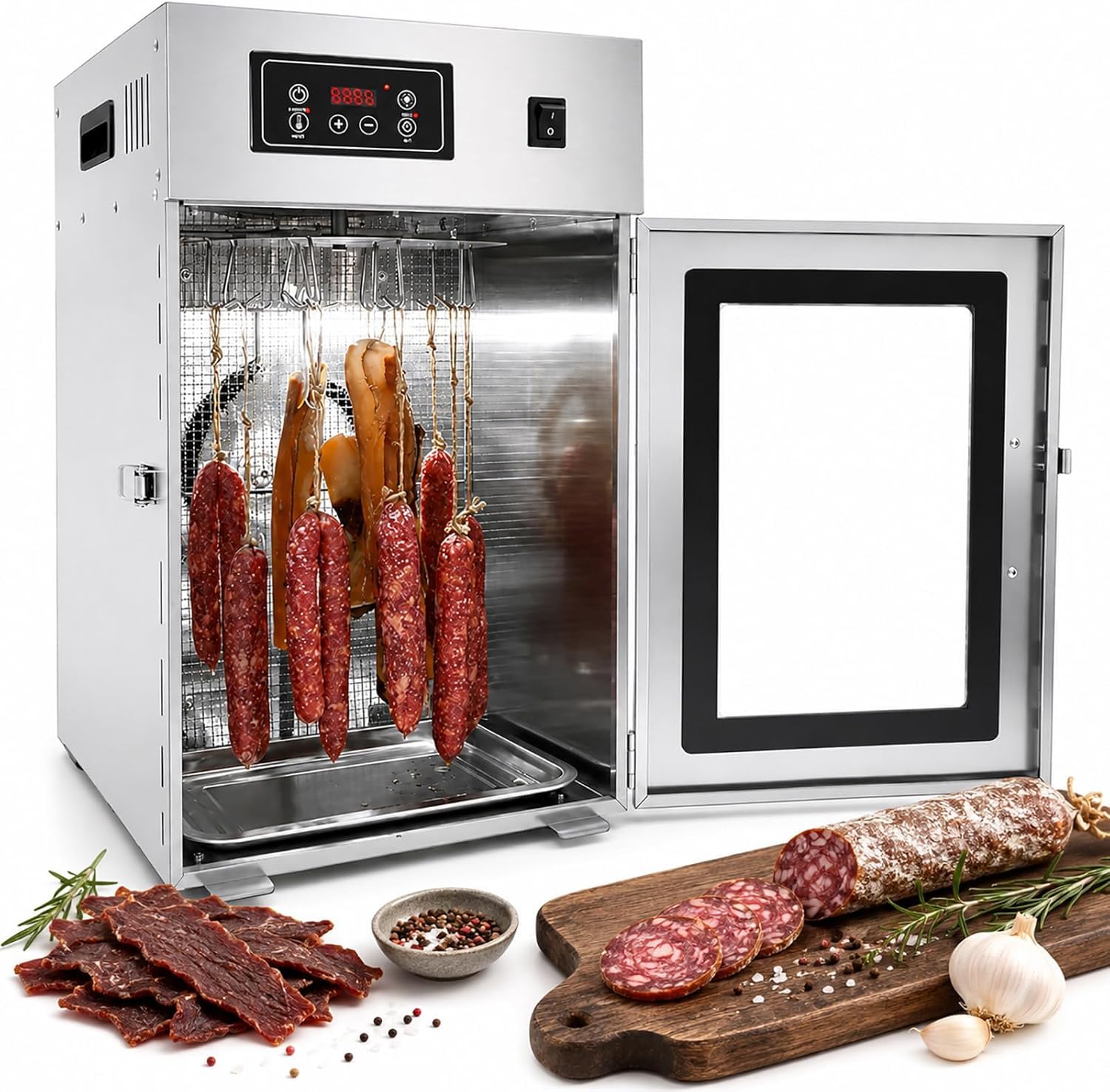 Suyaoquant Electric Food Dehydrator Fruit Vegetable Meat Jerky, Comes With 14 Hanging Rods, Stainless Steel Cabinet, 30‑90°C Adjustable, 24‑Hour Timer – 7.5KG Capacity For Sausage, Bacon, Fish