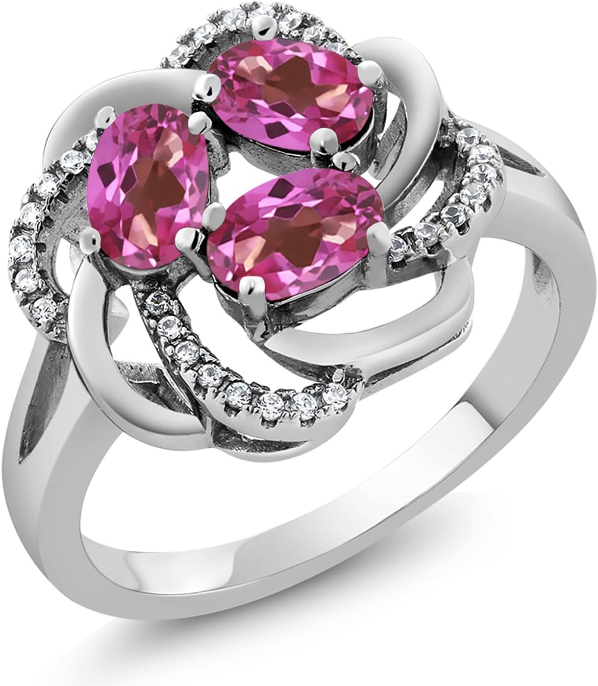 Gem Stone King 925 Sterling Silver Pink Mystic Topaz 3-Stone Flower Blossom Ring For Women | 1.87 Cttw | Oval 6X4MM | Gemstone Birthstone | Wedding Anniversary Engagement Promise Ring