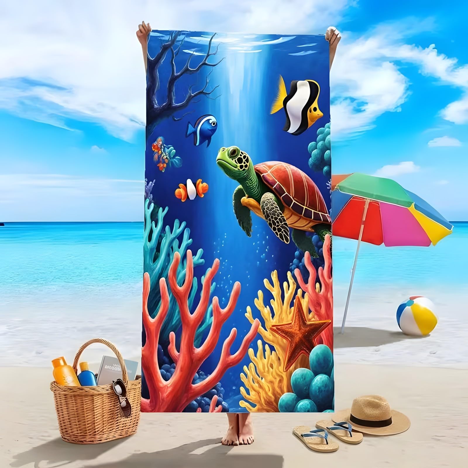 YZQGLHP Underwater Coral Microfibre Beach Towel Fish Beach Bath Towel Quick Drying, Lightweight, Sand-Free, Durable, for Pool, Gym, Camping, Travel Towel 70x130cm