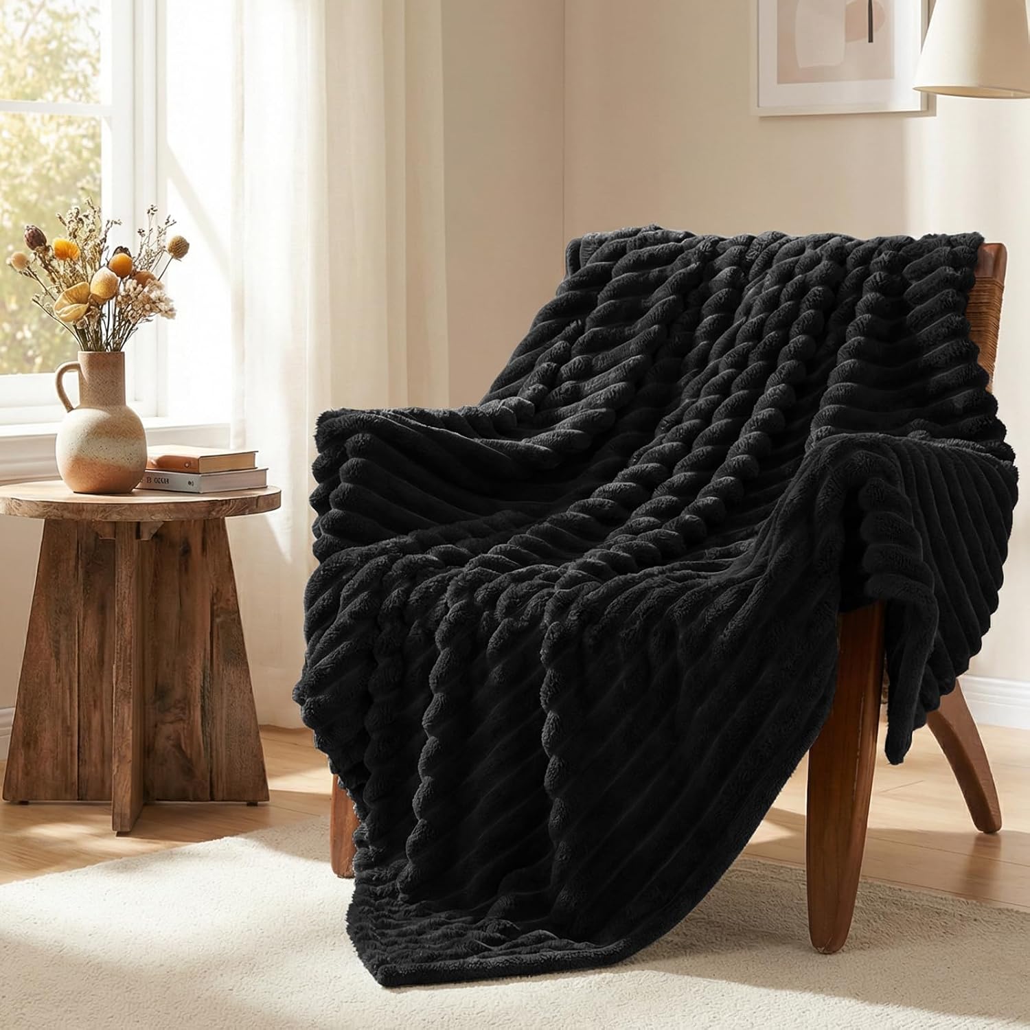 Fleece Black Throw Blanket for Bed - 300GSM Ribbed Soft Cozy Dog Blanket for Couch, Graduation Birthday for Men Dad Women, College Dorm Essentials Room Throws, 50x60 Inches
