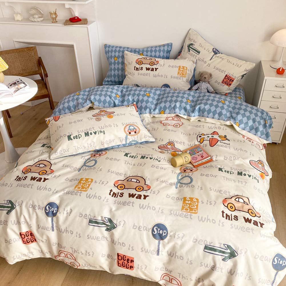 BlueBlue Cars Duvet Cover Set Queen 100% Cotton Bedding for Kids Boys Girls Teens Transportation Car Airplane Truck on Cream White 1 Cartoon Comforter Cover Full Zipper Ties 2 Pillowcases Queen - Image 2