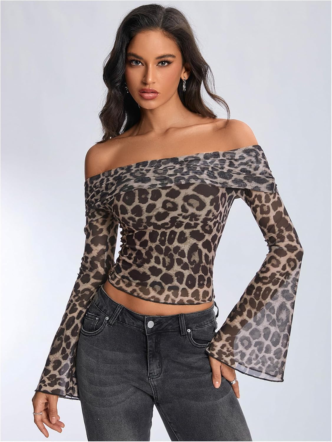 MakeMeChic Women's Y2K Fall Cheetah Print Crop T-Shirt Off The Shoulder Long Sleeve Tops - Image 3