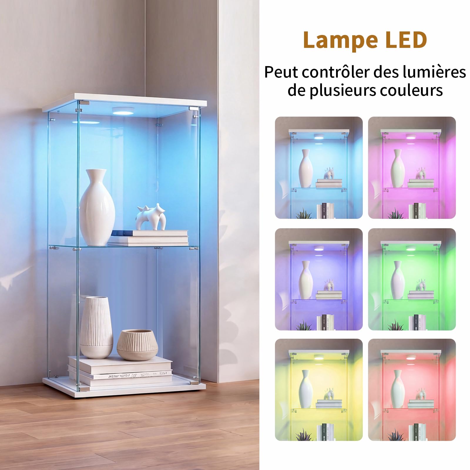 Vitrina de Cristal con Luces LED y Cerradura, Armario Expositor de Vidrio Templado con 1 Puerta y 2 Estantes, Cristalera Vitrina Expositora para Salón y Colección, 86×40×36,5 cm, Blanco