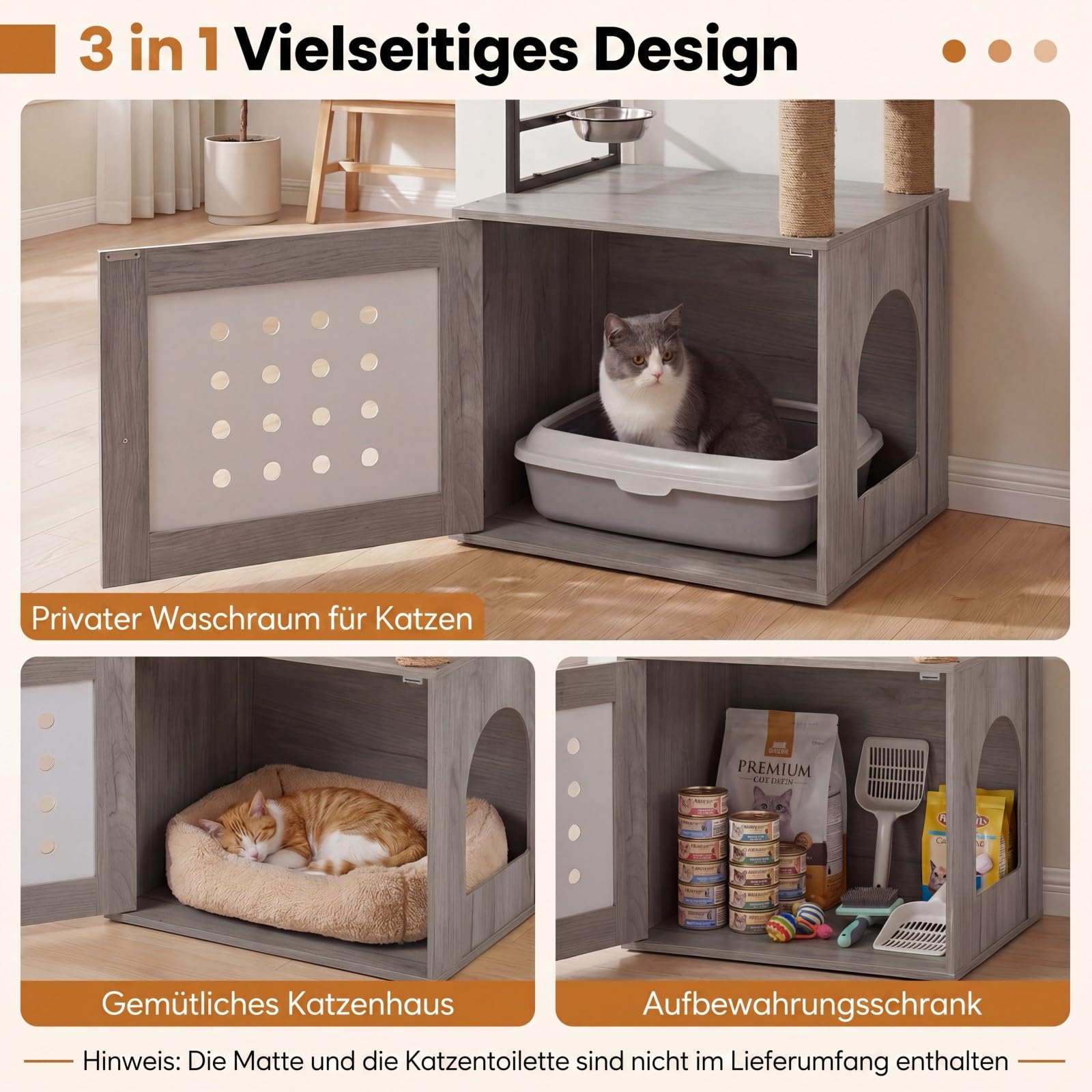 COSTWAY Kratzbaum mit Katzenklo Schrank, Katzenschrank für Katzentoilette, Katzenhaus Holz, Katzenkratzbaum mit Futterstation, Sisalpfosten, Kratzmatten & Eingang, Katzenbaum Katzen (Grau)