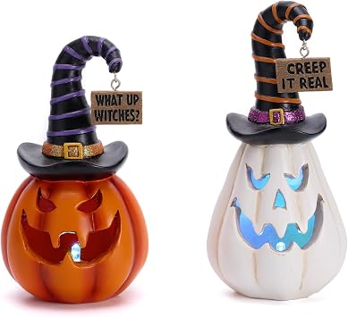 Valery Madelyn Pumpkin Halloween Decorations Indoor for Home, 2Pcs Resin Halloween Figurines with Light, White and Orange Jack o Lantern Decor with Witch Hat for Table Tiered Tray, 6.5" Tall