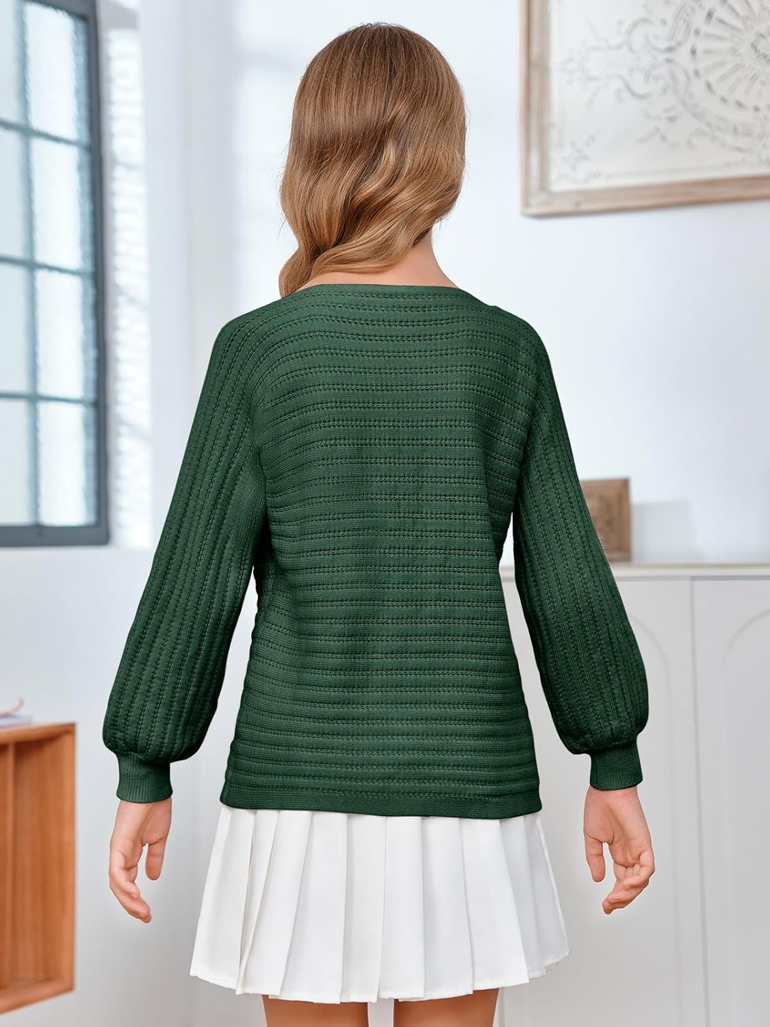 Mafulus Girl's Puff Long Sleeve Crewneck Pullover Sweaters Kids Cable Knit Hollow Out Slouchy Cute Fall Jumper Tops 5-14T - Image 5