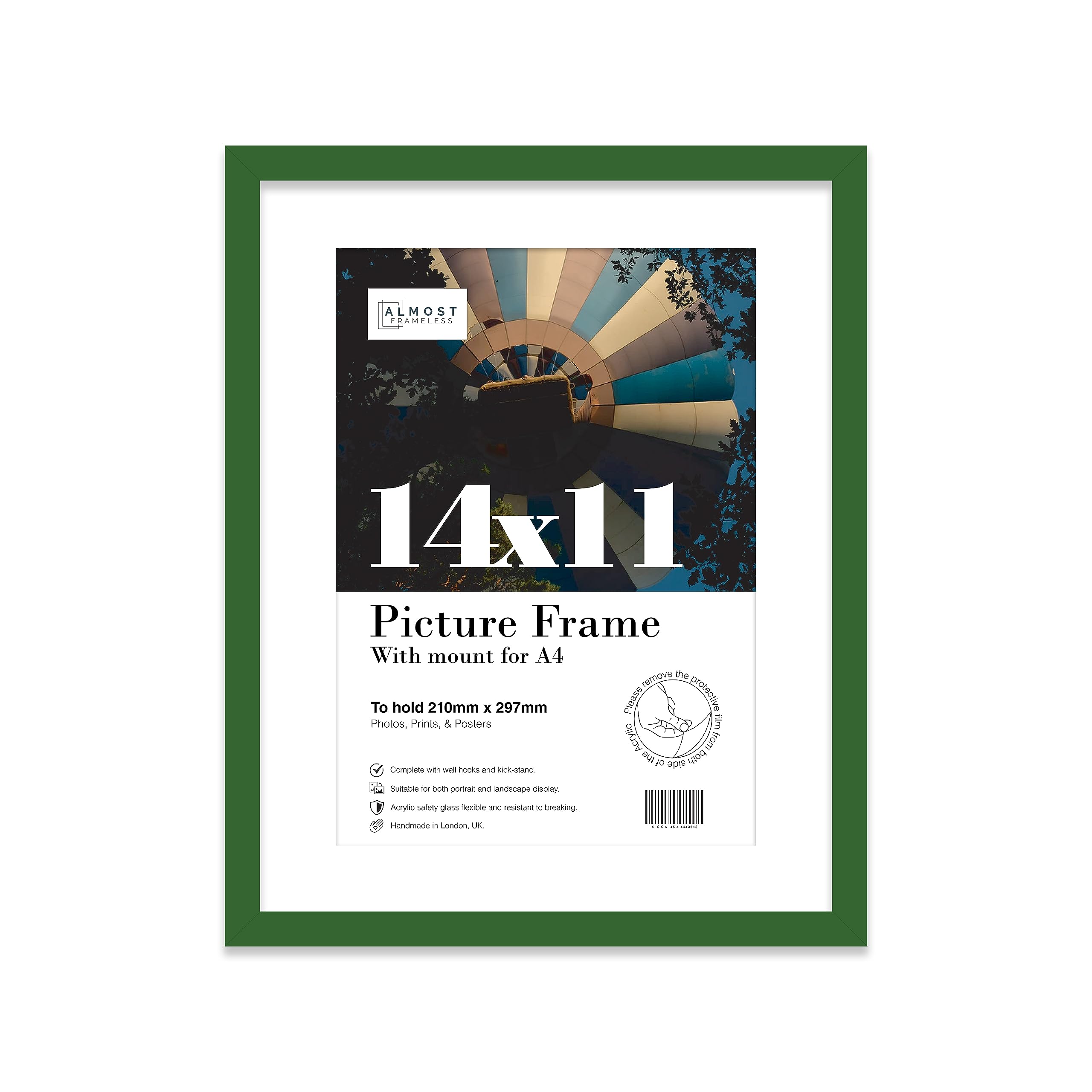 Almost Frameless 14x11 Green Picture Frame With Mount for A4 Print, Poster or Photo Poster, Photo, Artwork, or Print. Thin Edge Slim Frame Portrait and Landscape Display with Wall Hooks