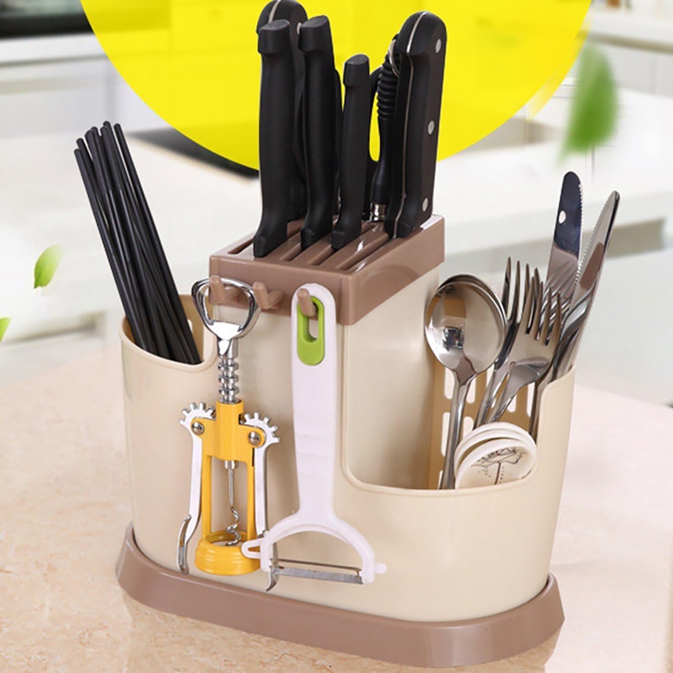 SOCHEP CHETAX Plastic Multifunction Knife Spoon Chopsticks Fork Storage Box Rack Cutlery Holder Countertop/Dining Table, 22x12 cm (Brown)