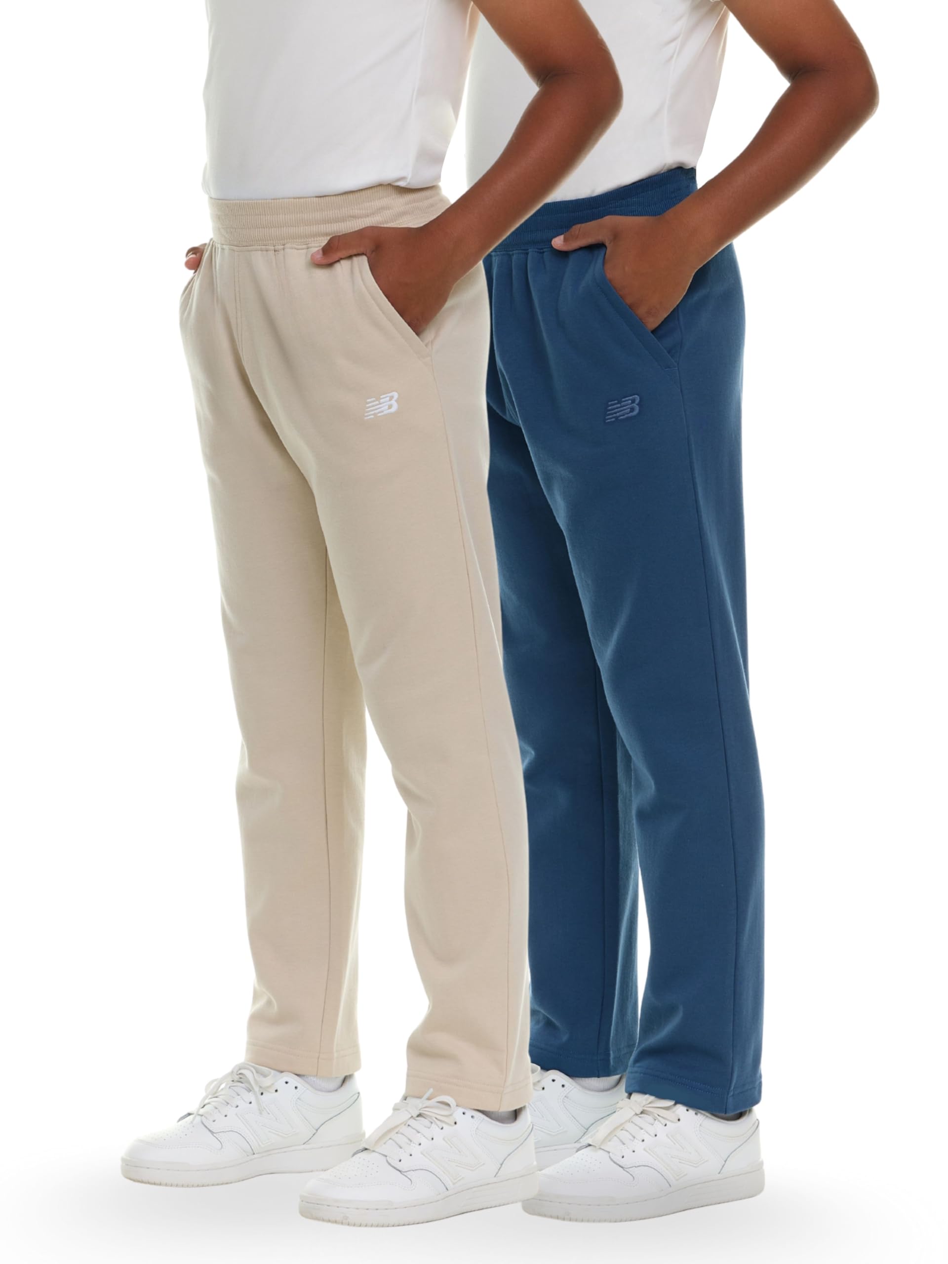 new balance boys open bottom active sweatpants β 2 pack soft cotton fleece blend pull-on straight leg sweats, sizes 4-20 stone/blue
