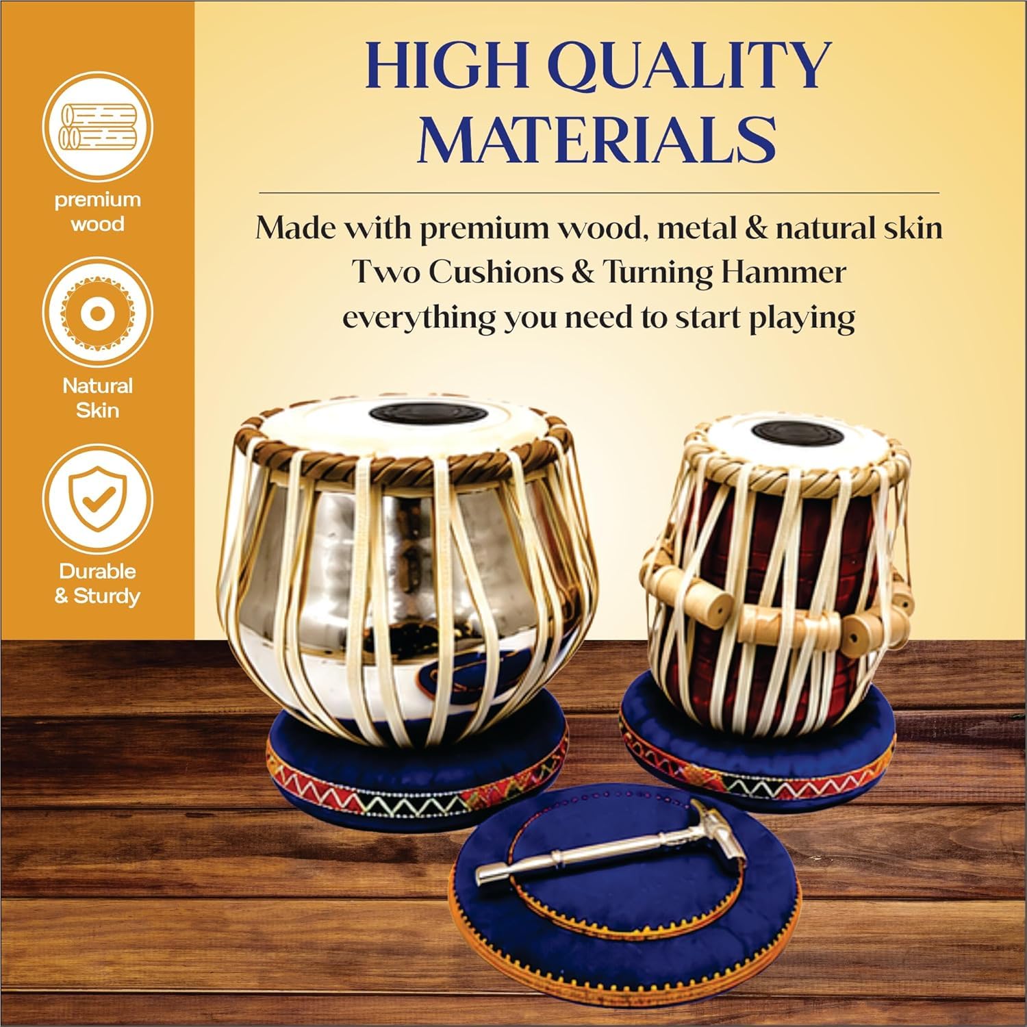 Steel Tabla Set, Basic Tabla Drums Set, Steel Bayan, Dayan mit Hammer, Kissen und Bezug - Perfekte Tablas für Schüler und Anfänger und Profis, Indisches Musikinstrument Tabla Set
