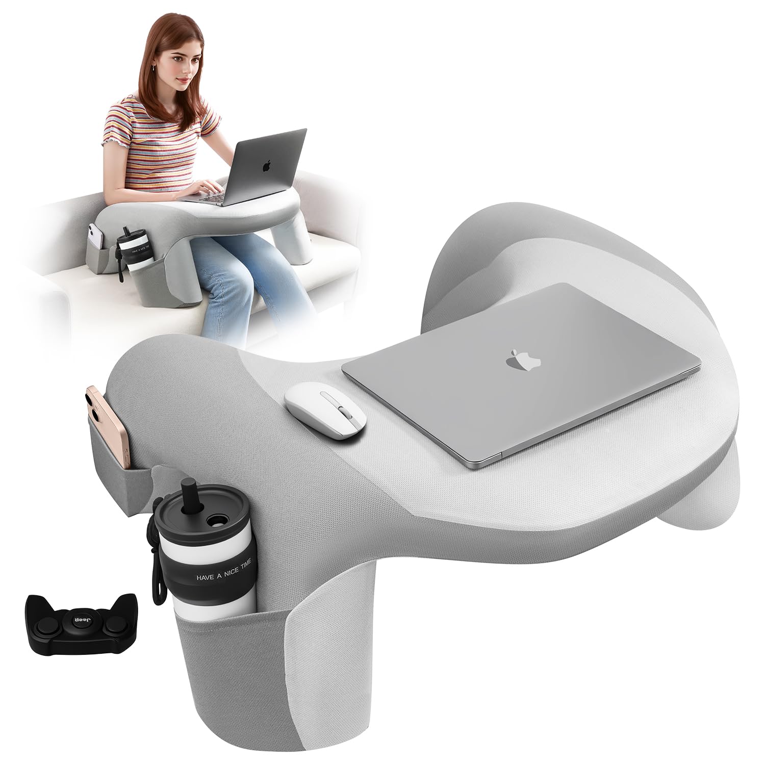 Photo 1 of WOGAHEV Reading Pillow for Bed, Lap Desk for Laptop, Memory Foam Arm Rest Support Gaming Pillow with Cup/Phone Pocket, Laptop Lap Desk for Working, Gaming, Reading on Couch Bed Floor- Grey