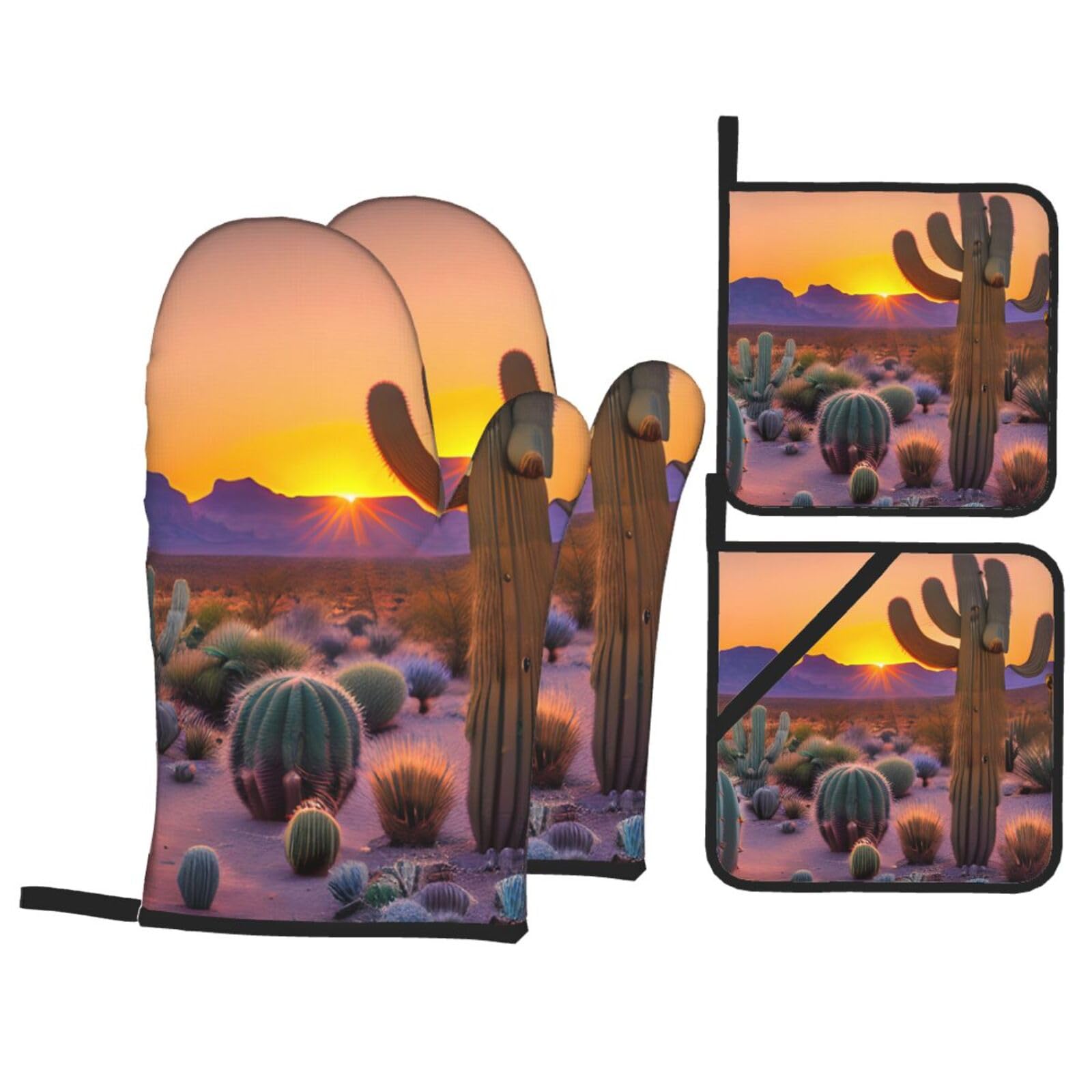Cactus Desert Sunsets Print 4-Piece Heat-Resistant Oven Waterproof Kitchen Gloves Cooking Roasting Essential