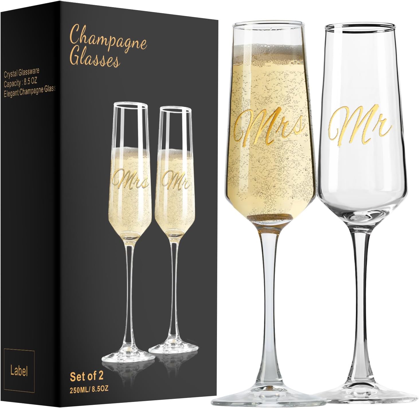 ParaCity Champagne Flutes 8.5oz/250ml, Champagne Glasses Set of 2, Elegant Glass Prosecco Glasses, Gift for Birthday, Wedding, Christmas, Clear Sparkling Champagne Glasses for Women, Men