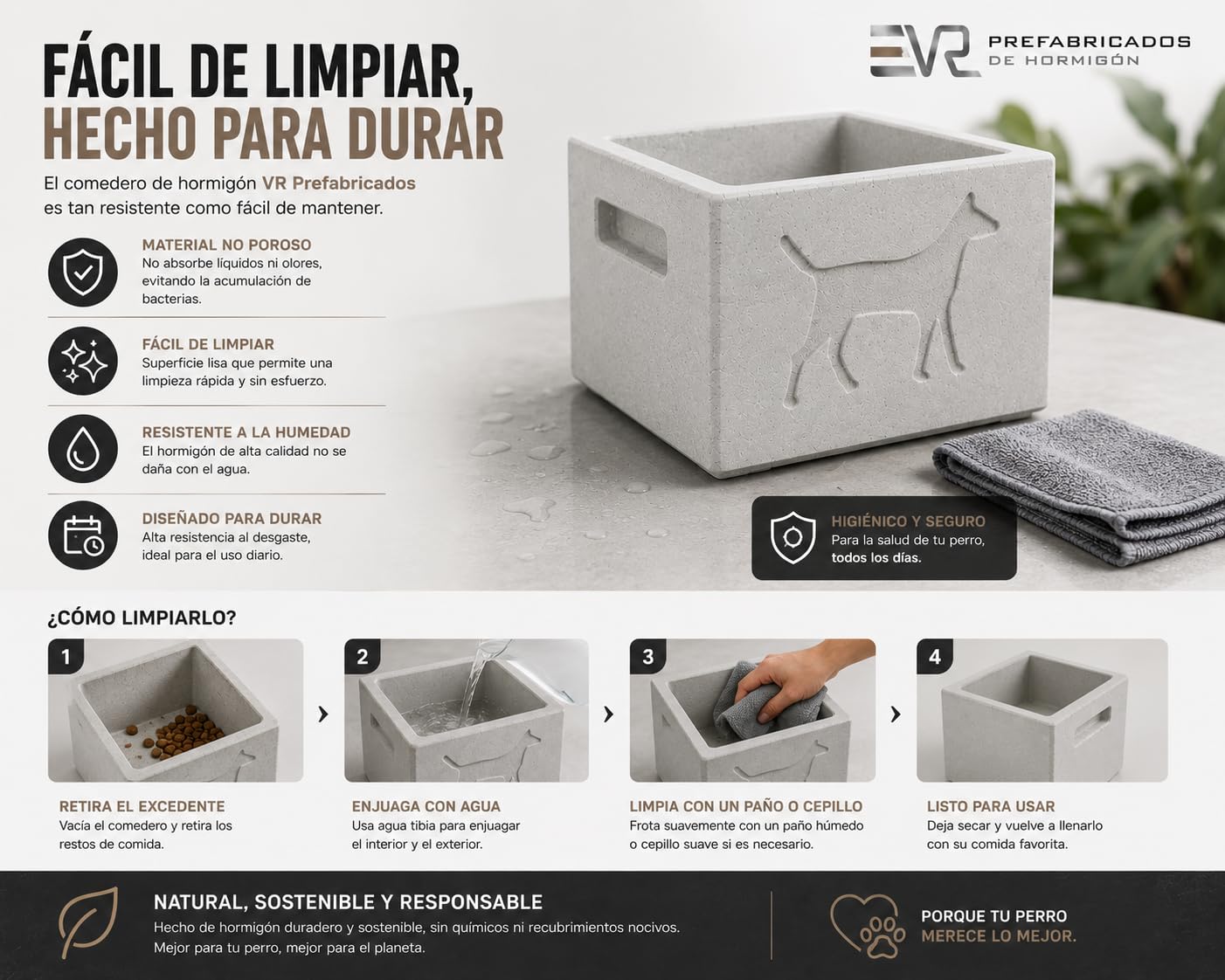VR Prefabricados Comedero de Hormigón Antivuelco para Perros – 13 kg Peso Real – Antimordeduras y Ultra Resistente – Uso Exterior – Acabado Artesanal – Fabricado en España