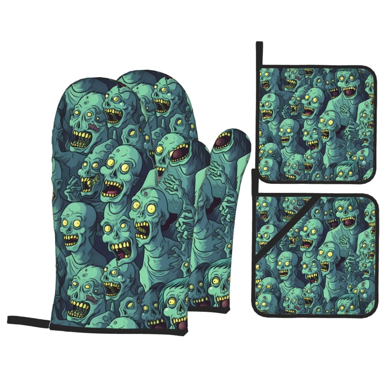 HJFCZH Many Zombie Picture Kitchen Baking Set of 4 Thick Insulated Oven Mitt & Pot Holders, Anti-Scalding for Microwave, Oven, Outdoor BBQ