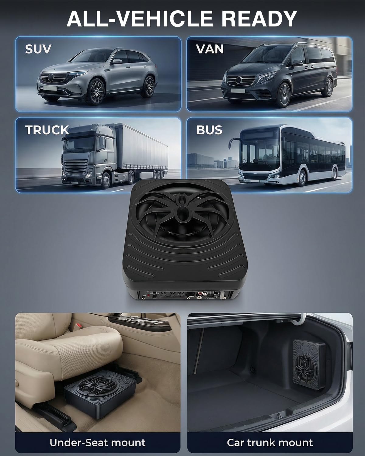 Caisson de Basse pour Voiture, Subwoofer Alimenté sous Le siège Ultra, Puissance Maximale de 1000W, Amplificateur Audio Intégré, Son Surround Stéréo, Subwoofer Compact de 7 Pouces, Noir