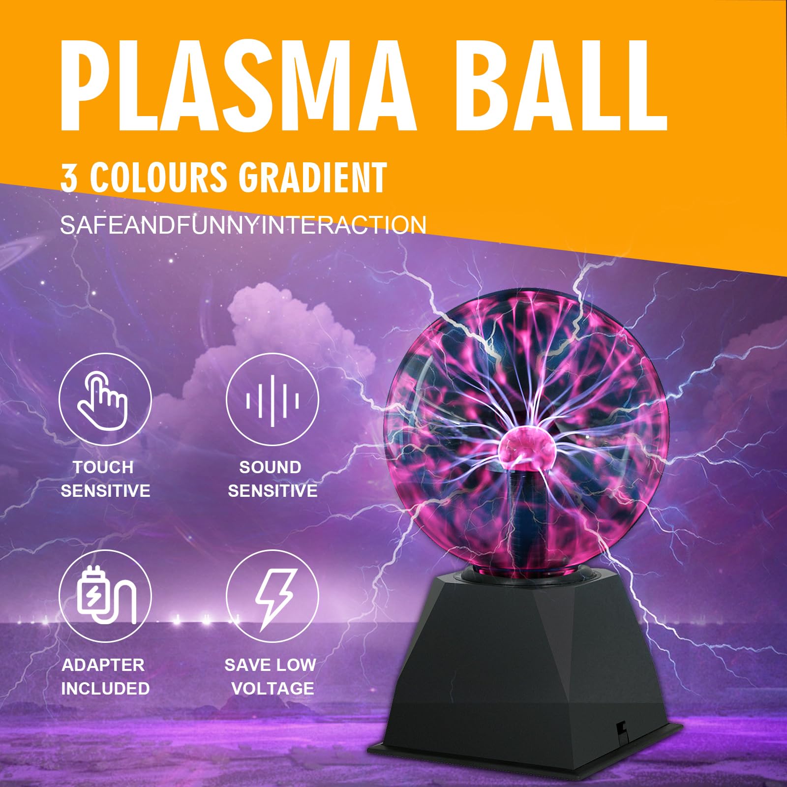 Dorlink Sfera al Plasma da 6 Pollici - Lampada al Plasma Sensibile al Tocco e al Suono con Effetti di Fulmine - Sfera Energetica con Alimentazione a Spina per Feste, Decorazioni,Camera da Letto
