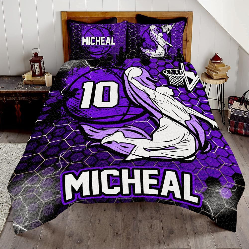 Purple Basketball Player Full Size Quilt Bedding - Customized Basketball Quilt with Name and Number - Boys Quilt Set - Twin Basketball Quilt - Basketball Bedding - Sports Quilt for Boys