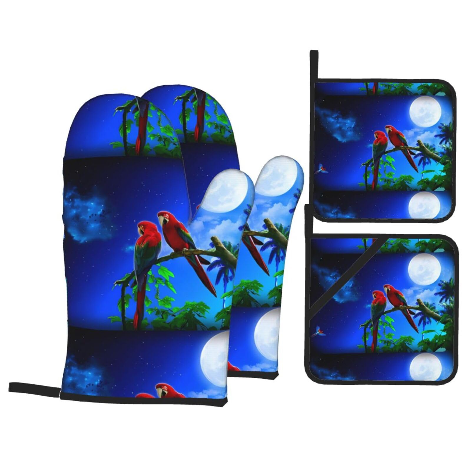 YYHHAOFA parrots Prints Kitchen Baking Set with Heat Resistant Pot Holders & Oven Mitts - Waterproof Layers for Cooking, Grilling & Serving, Includes Pocket Layer