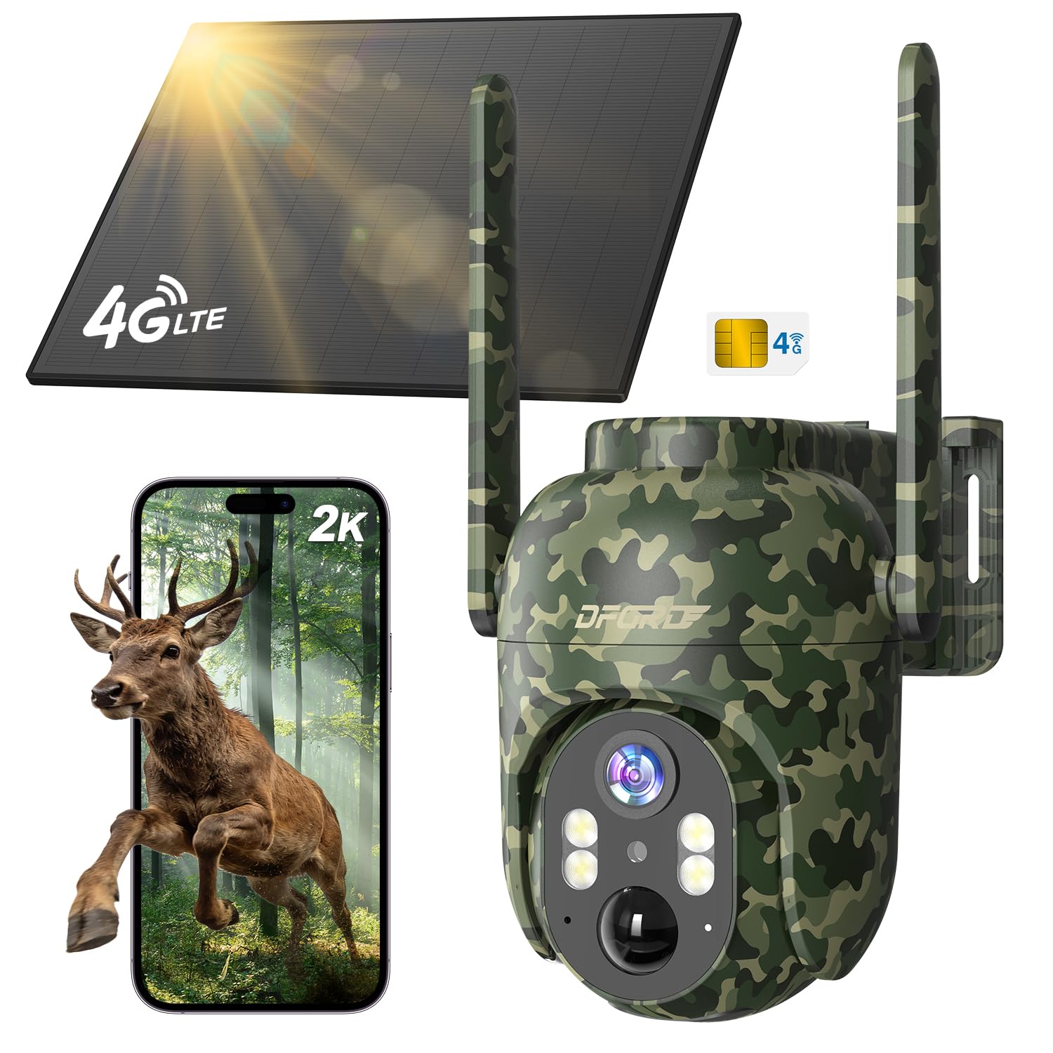 4G LTE Cámara Vigilancia Exterior Solar con Tarjeta SIM Preinstalada sin WiFi, 2K PTZ 360° Batería 10400mAh, Detección de Movimiento PIR, Visión Nocturna a Color, Audio Bidireccional, IP66