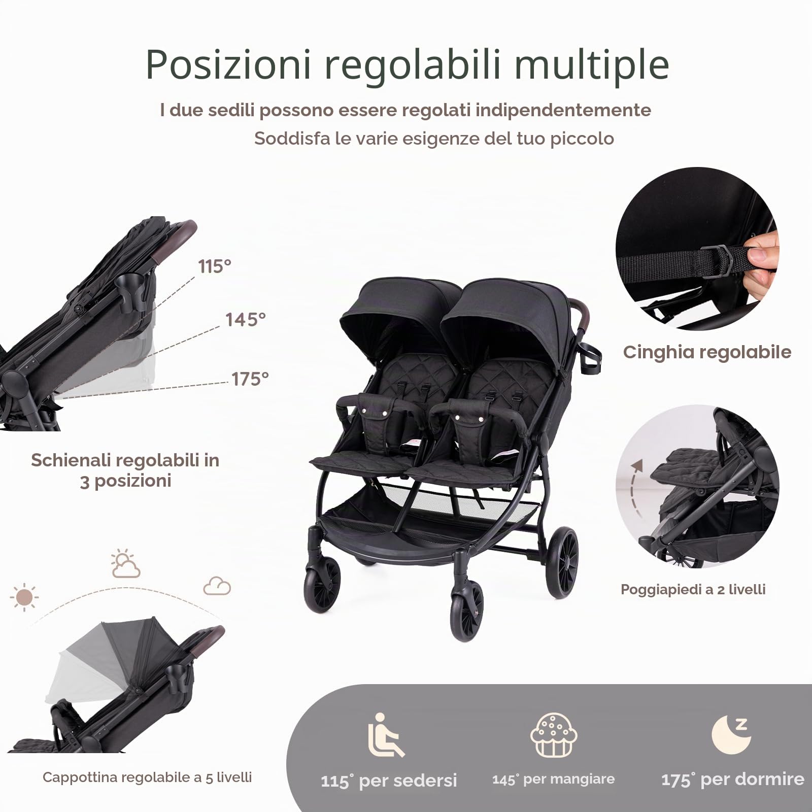 LIFEZEAL Passeggino gemellare, passeggino per gemelli pieghevole, passeggino doppio con schienale reclinabile in 3 posizioni, imbracatura a 5 punti, per bambini da 0 a 3 anni (grigio scuro)