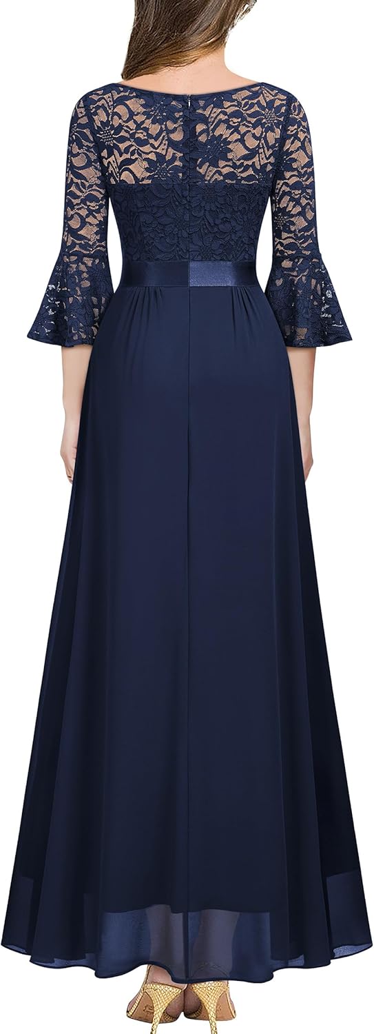 MISSMAY Women's Elegant V-Neck Floral Lace Bell Sleeve Wedding Party Maxi Dress - Image 2