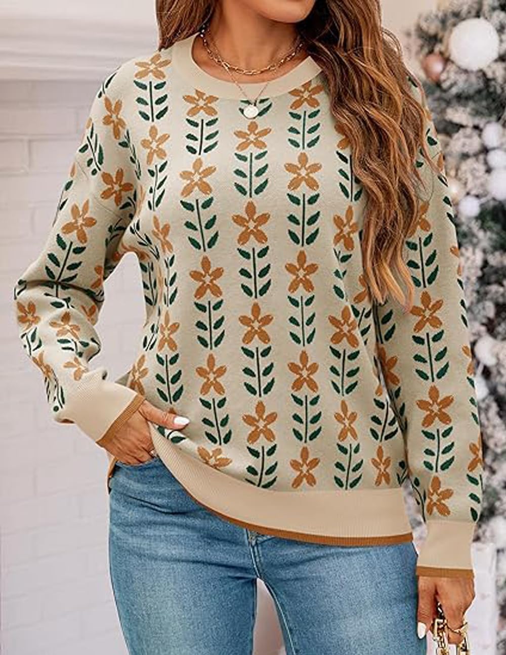Womens Trendy Floral Sweaters Flower Printed Crewneck Knit Sweater Cute Loose Long Sleeve Fashion Pullover Tops - Image 2