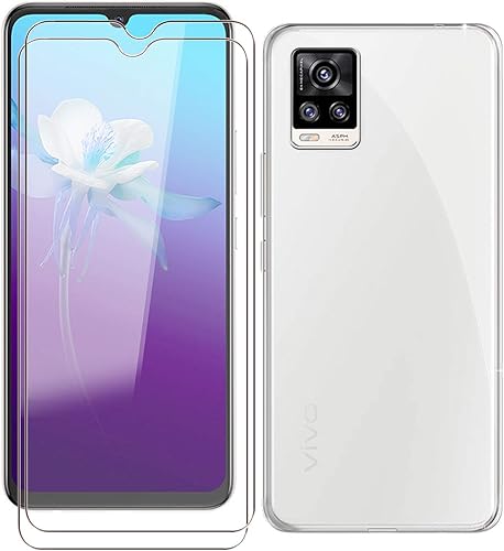 Funda de teléfono para Vivo V20 2021 (6.44 pulgadas), con 2 películas protectoras de vidrio templado, carcasa de TPU suave transparente ultrafina
