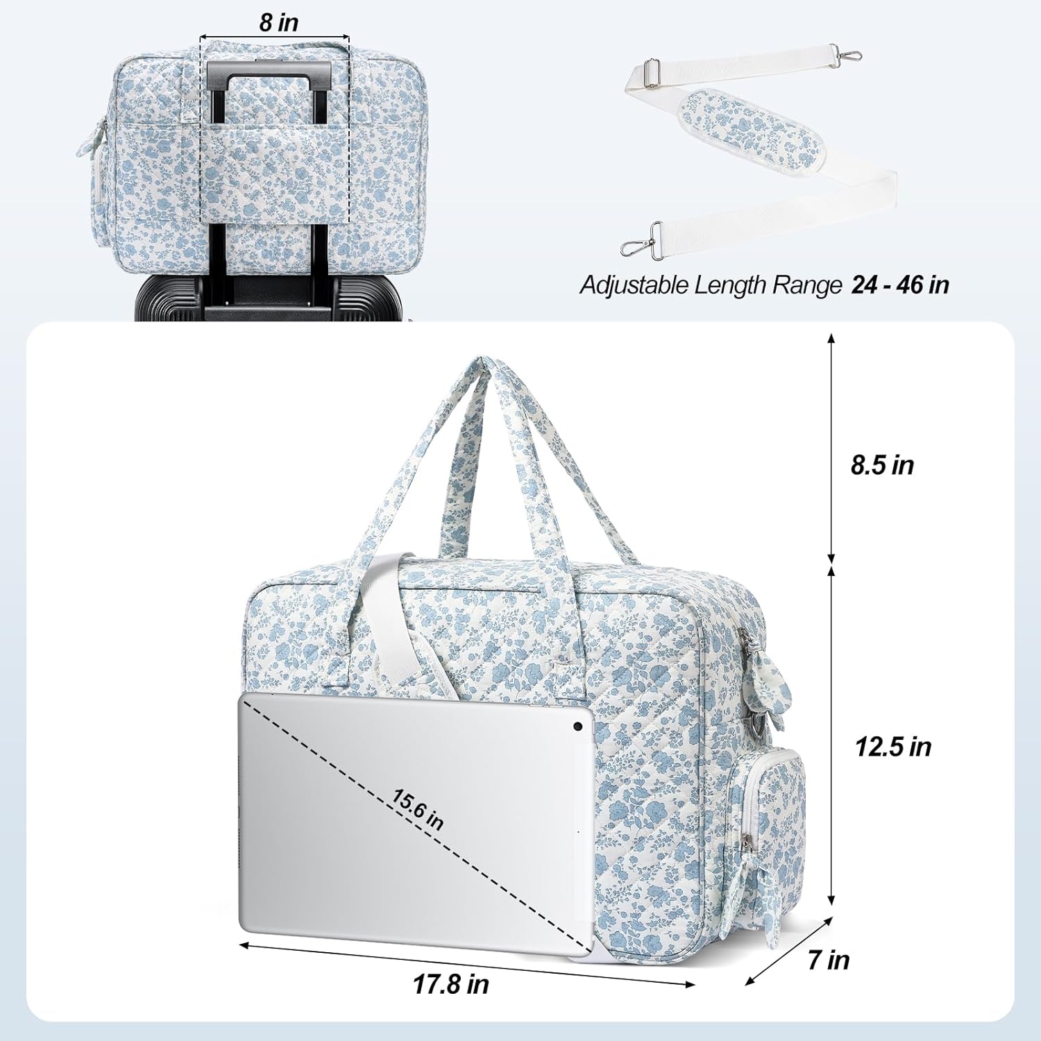 Quilted Duffle Bag for Women, Quilted Weekender Bag, Quilted Travel Bag, Large Floral Duffle Bags with Adjustable Straps - Image 2