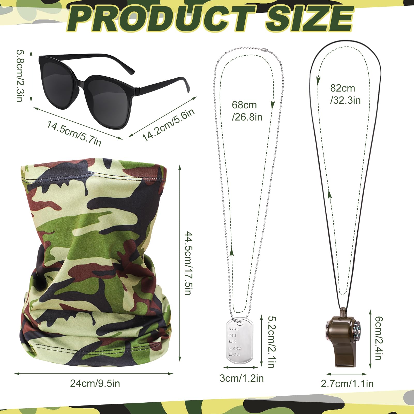 GSrenyu 6Pcs Army Fancy Dress Accessories Set,Halloween Army Costume Accessories with Camo Hat,Bullet Belt,Sunglasses and Dog Tag Necklace,Soldier Costume for Stag Do Outfit or Adult Fancy Dress - Image 2