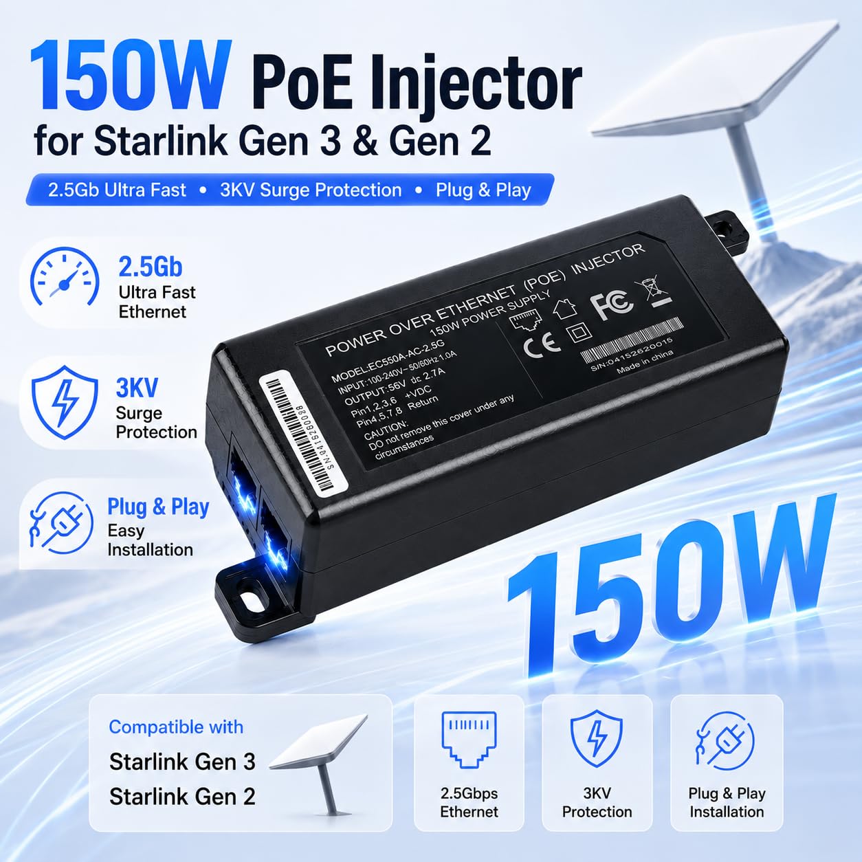 Injecteur PoE Passif 150 W pour Starlink Gen 3/Gen 2, Ethernet 2,5 Gbit/s/1 Gbit/s, Sortie 48-56 V, CA 100-240 V, Protection 3 KV, Plug & Play, portée jusqu'à 100 m