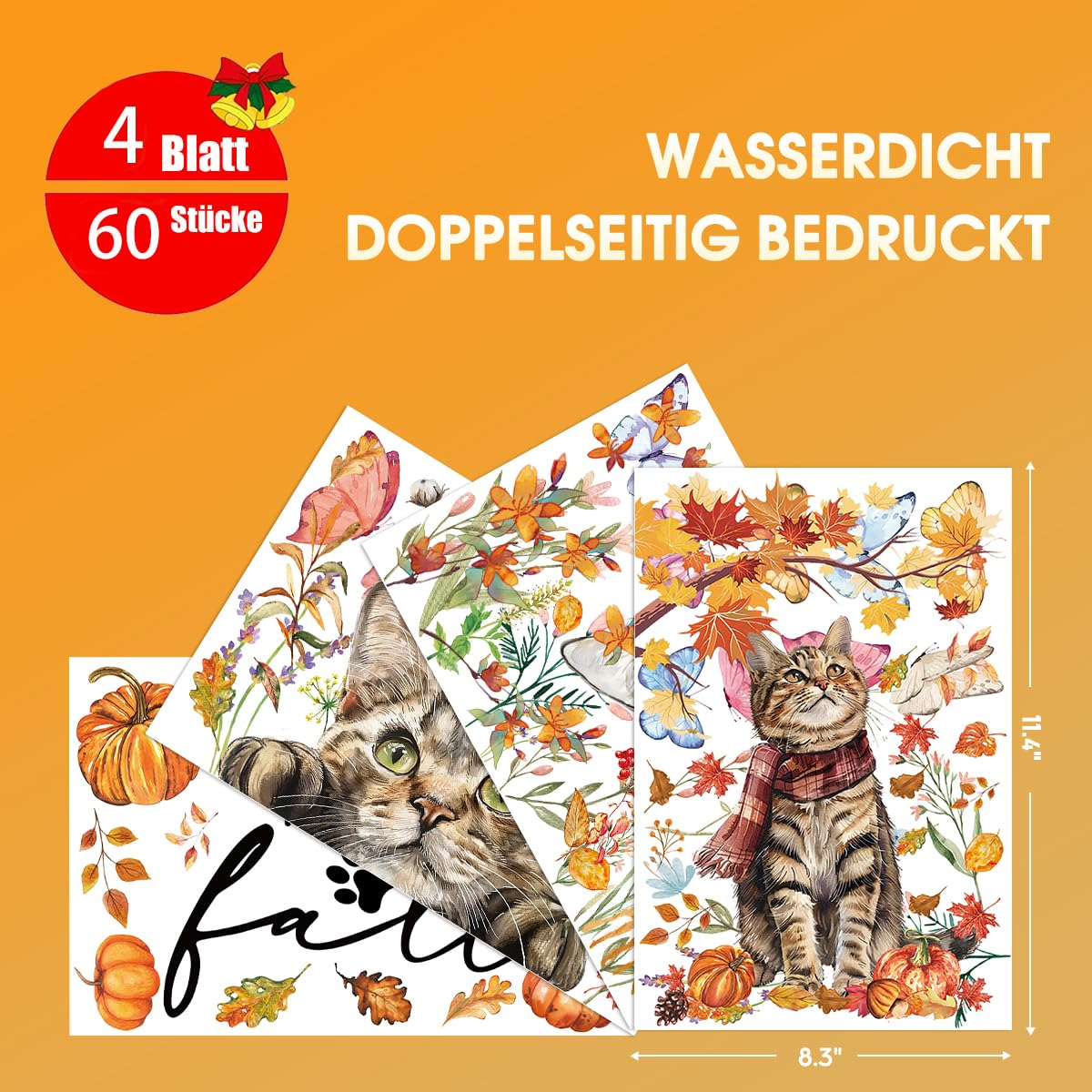 Katze Aufkleber Groß 38x55cm - Herbst Design Mit Ahornblättern Für Wand & Fenster